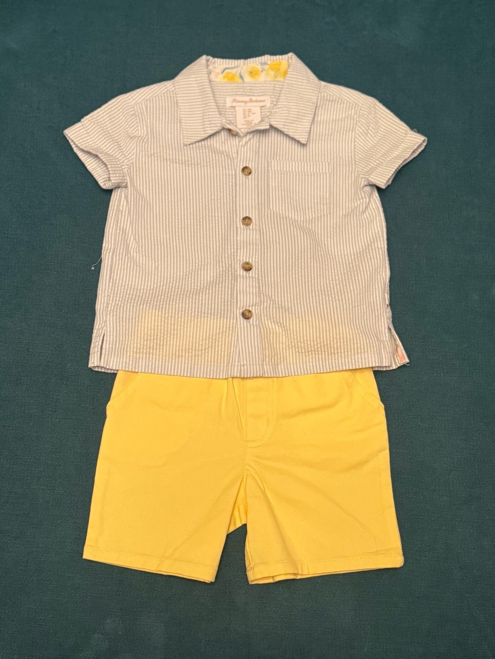 Tommy Bahama Toddler Blue/White Striped Collared Button Down & Yellow Shorts 18M